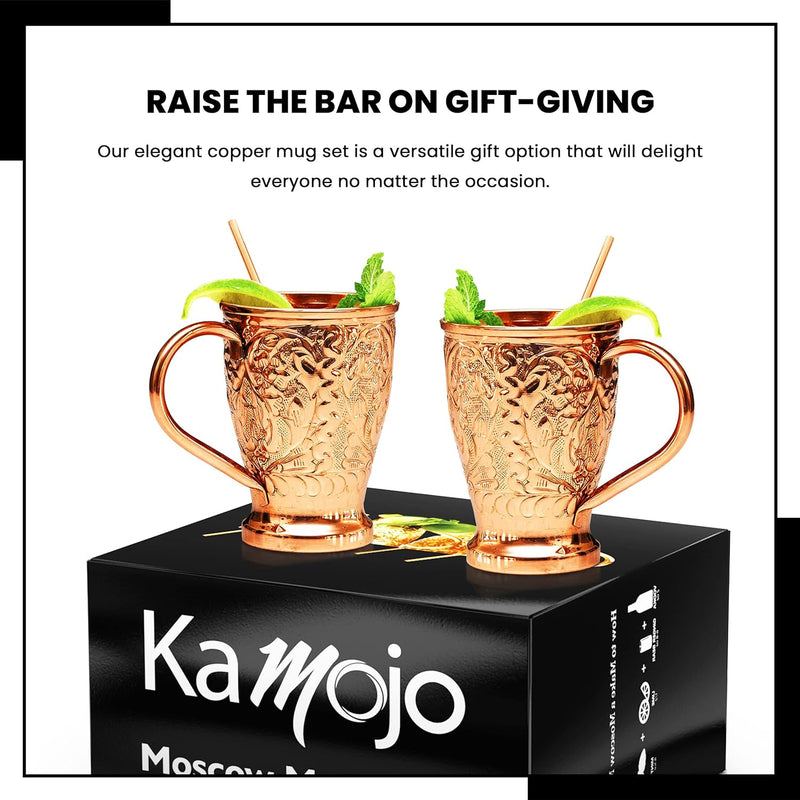 Kamojo Moscow Mule Mugs Set of 2 - Premium Moscow Mule Copper Mugs with Unique Embossed Design & Anti-Tarnish, Food-Grade Coating - Copper Cups Gift Set with 2 Copper Straws & Recipe E-Book, 16 oz