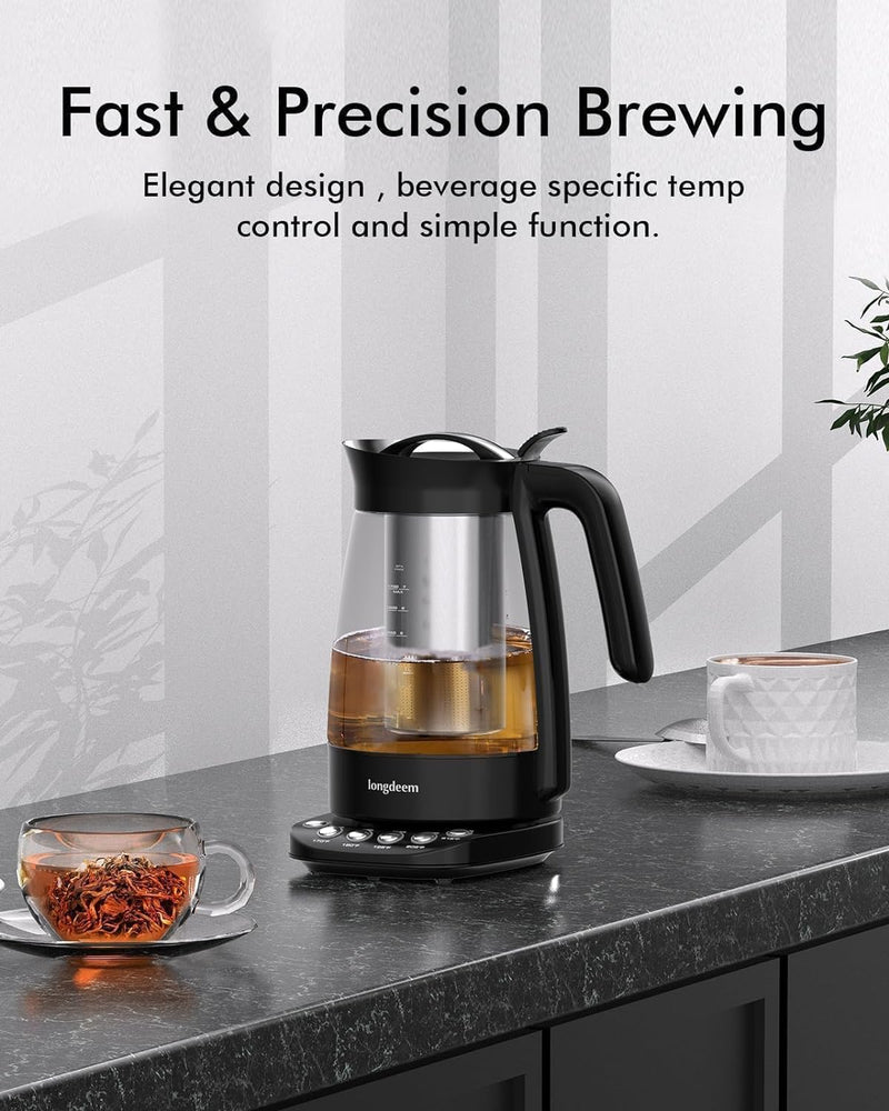 Electric Glass Tea Kettle with Infuser, 1.7L Fast Boiling, Stainless Steel, Temperature Control Tea Maker, BPA Free - Easy Lid Removal & Keep Warm Feature, Black