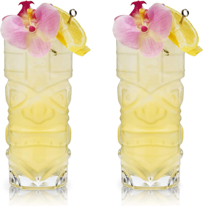 Viski Pacific Tropical Tiki Glasses Set of 2 - Premium Crystal Clear Glass Tumbler, Stylish Tiki Glassware Bar Accessories and Cocktail Glass Gift Set, 14 oz