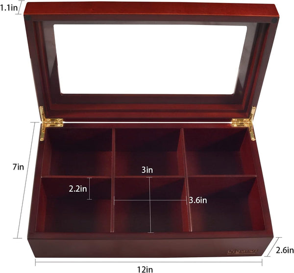 Pttgmkr Tea Chest Box, Tea Bag Cabinet, Organizer Box, Luxury Wooden Tea Storage Chest, 6 Compartment Tea Bags Organizer Container with Glass Window, Brown