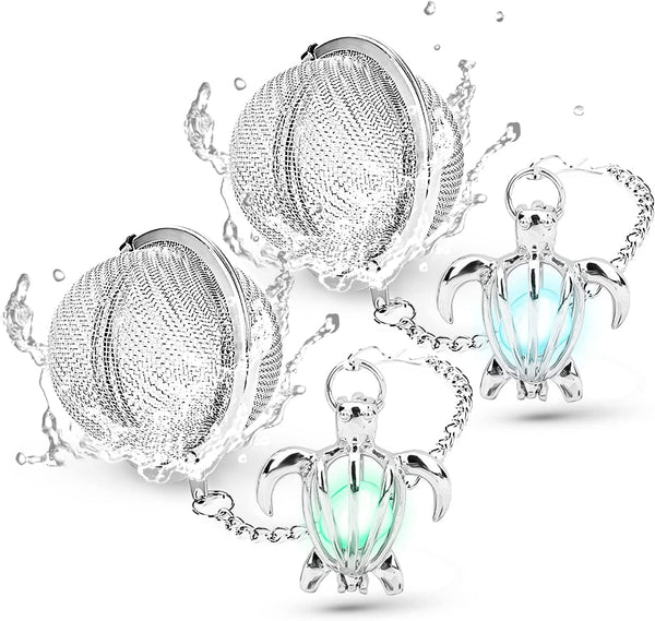 2pcs Tea Infuser TeaSanavie Loose Leaf Tea Steeper Stainless Steel Tea Ball Mesh Tea Strainer Silver Glow In The Dark Turtle Pendant Tea Filter with Extended Chain Hook for Brew Fine Loose Tea Leave