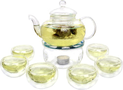 27 oz Glass Teapot Set Stovetop Safe Tea Infuser Maker with a Candle Warmer and 6 Double Wall Teacups，Blooming & Loose Leaf Tea Pot CJ-800ml