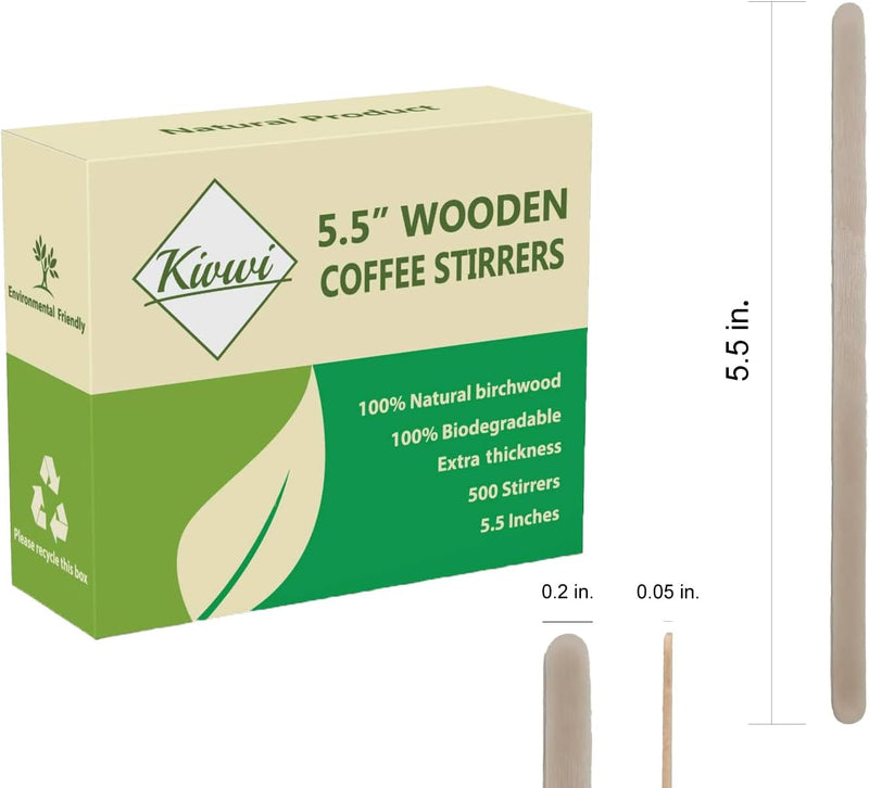 Kivwi Premium Wooden Coffee Stirrers, 5.5 Inches Stir Stick, Box of 500
