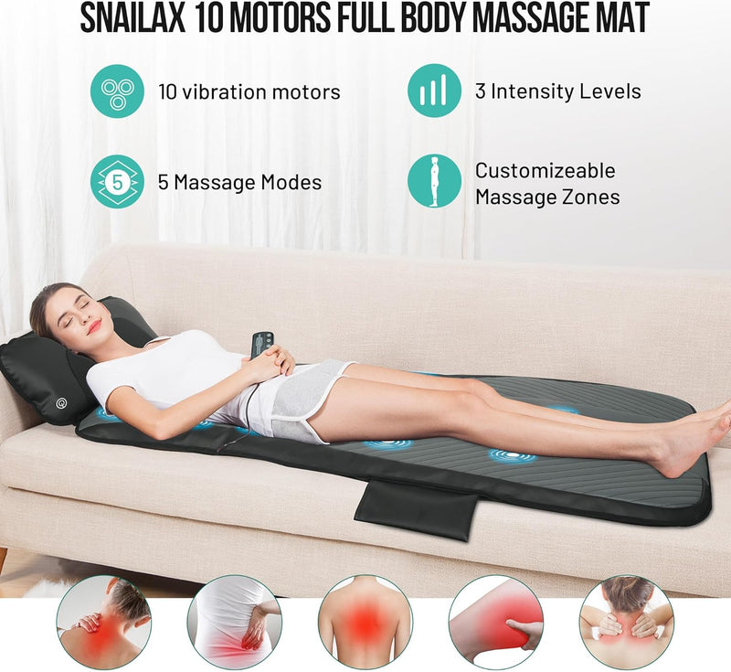 Snailax Full Body Massage Mat with Heat & Movable Shiatsu Neck Back Massager Pillow, 10 Vibration Motors & 4 Heating Pads, Back Massage Pad for Bed, Recliner,Sofa, for Neck Back Pain,Christmas Gifts