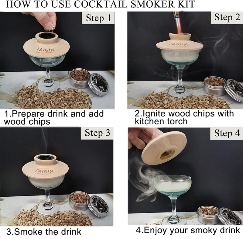 Cocktail Smoker Kit with Torch, Four Kinds of Wood Chips for Whiskey and Bourbon. Infuse Cocktails, Wine, Whiskey, Cheese, Salad and meats. For Your Friends, Husband, Dad.（No Butane）