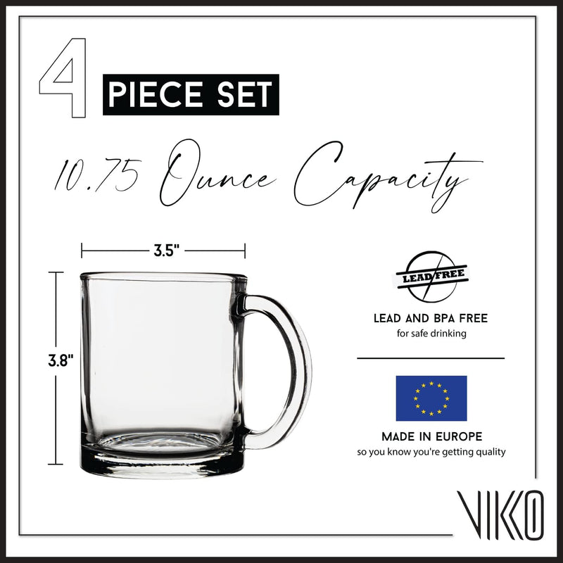 Vikko Glass Coffee Mug, 10.75 Ounce Clear Glass Coffee Mugs, Glass Mug Set of 4, Microwave and Dishwasher Safe