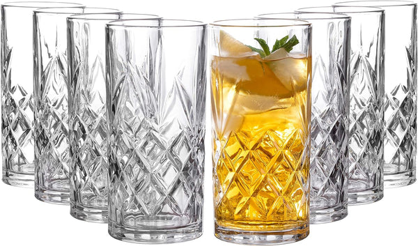 Royalty Art Kinsley Tall Highball Glasses Set of 8, 12 Ounce Cups, Textured Designer Glassware for Drinking Water, Beer, or Soda, Trendy and Elegant Dishware, Dishwasher Safe (Hiball)
