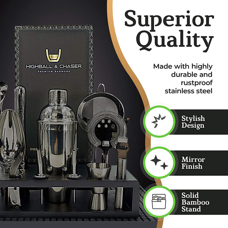 Highball & Chaser 13-Piece Cobbler Cocktail Shaker Set: Black Polished Stainless Steel Bartender Kit for Home Bar Set | Laser Engraved Tools Plus E-Book with 30 Recipes