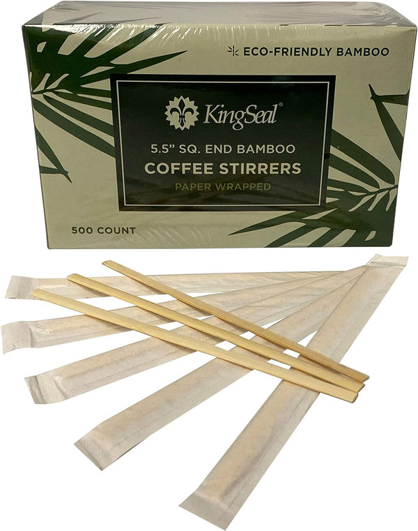 KingSeal Individually Paper Wrapped Bamboo Coffee Stir Sticks, 5.5 inches, Square End, 100% Renewable and Biodegradable - 1 Box of 500 Each