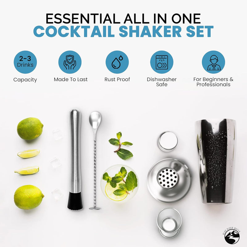 Blue River Water 24oz Cocktail Shaker Set - Martini Shaker w Built-in Drink Shaker Strainer, Muddler, Jigger, Mixing Spoon, Recipe Book for Bartending - Bar Shaker/Alcohol Shaker