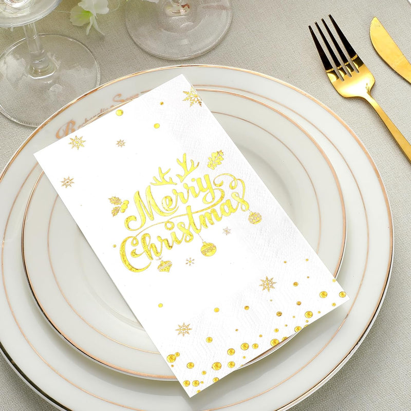 100Pcs Merry Christmas Napkins, White Gold Foil Disposable Paper Napkins, Paper Cocktail Napkins Hand Towels for Christmas Dinner Winter Holiday Party Decorations and Supplies, 7.9 x 4.3 Inch