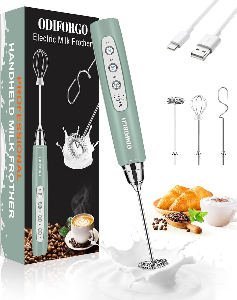 ODIFORGO Rechargeable Milk Frother Handheld, Electric Drink Mixer with 3 Stainless Whisks 3 Speed Adjustable, Coffee Foam Maker, Electric Whisk, Coffee Frother Wand for Latte Matcha Protein Powder