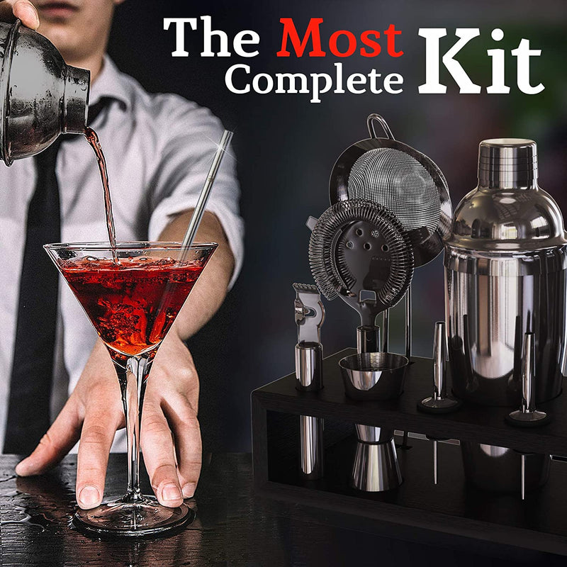 Highball & Chaser 13-Piece Cobbler Cocktail Shaker Set: Black Polished Stainless Steel Bartender Kit for Home Bar Set | Laser Engraved Tools Plus E-Book with 30 Recipes