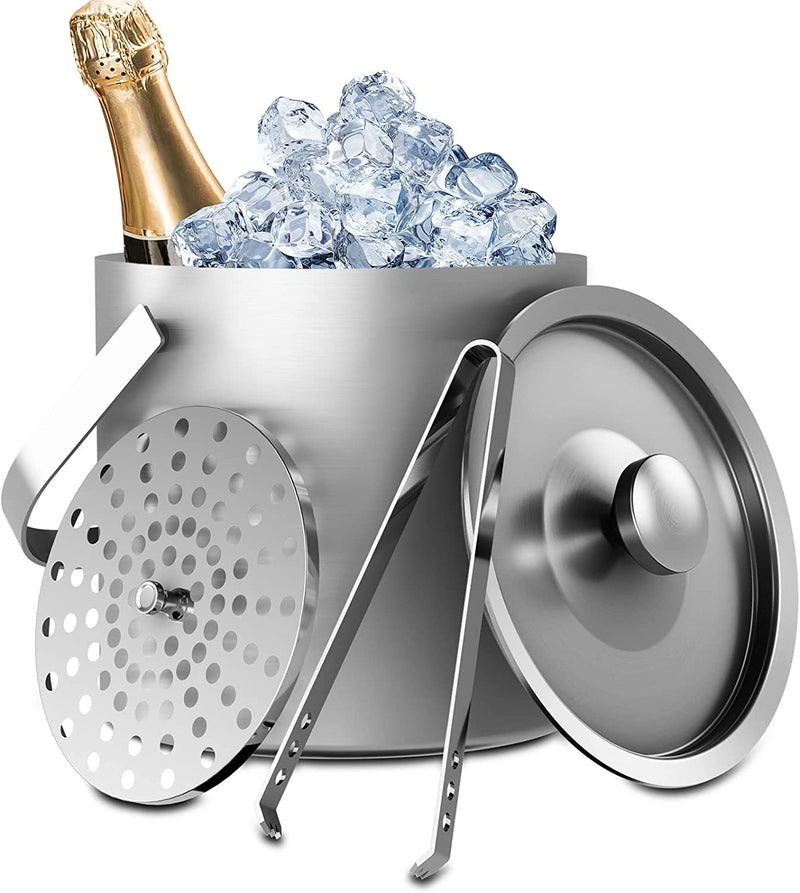 Sunmeyke Double Wall Stainless Steel Insulated Ice Bucket(1.7 Quarts), with Lid Strainer and Tongs, Great for Cocktail Bar and Parties