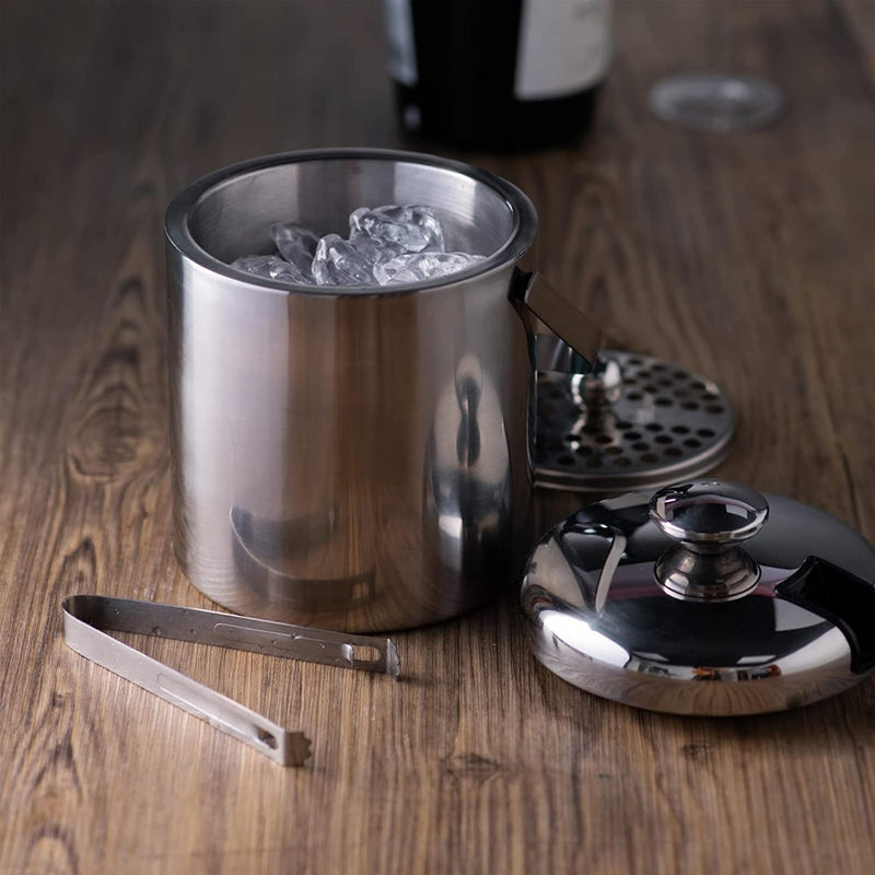 Sunmeyke Double Wall Stainless Steel Insulated Ice Bucket(1.7 Quarts), with Lid Strainer and Tongs, Great for Cocktail Bar and Parties