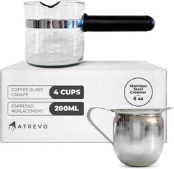 Glass Espresso Coffee Replacement Carafe - 4 Cup (200 ml). Fits Most Espresso Machines & Coffee Makers. PerfectPour Technology. PLUS Stainless Steel Creamer (8oz).