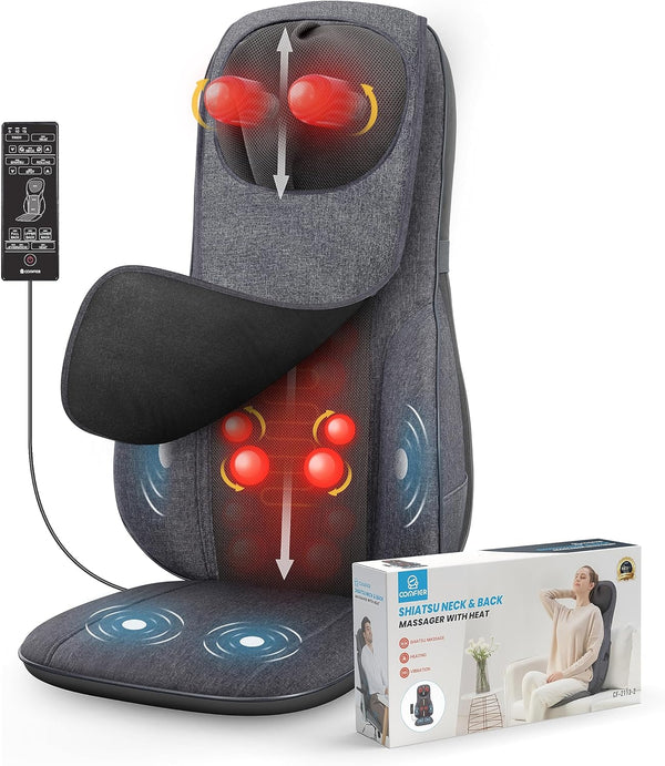 COMFIER Neck&Back Massagers with Heat,Shiatsu Massager Chair with Adjustable Height Pillow,Full Body Massage Cushion for Pain Relief,4 Rolling Nodes&3 Vibration Levels,Gift for Men,Women,Gray