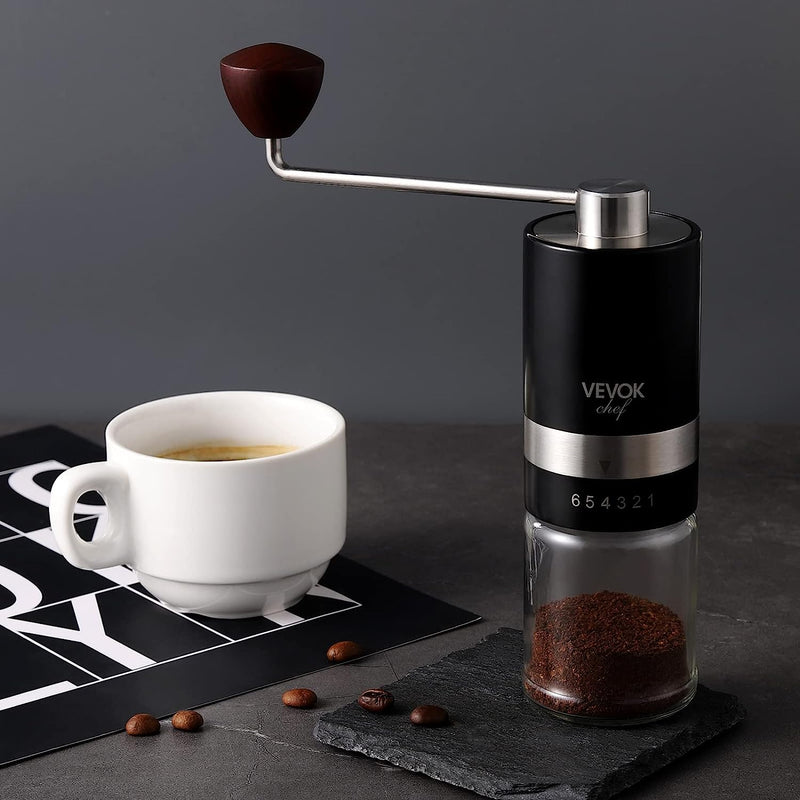 VEVOK CHEF Manual Coffee Grinder Hand Coffee Grinder 6 External Adjustable Setting Stainless Steel Conical Burr Coffee Mill Portable Hand Crank Coffee Bean Grinder Fine for Espresso