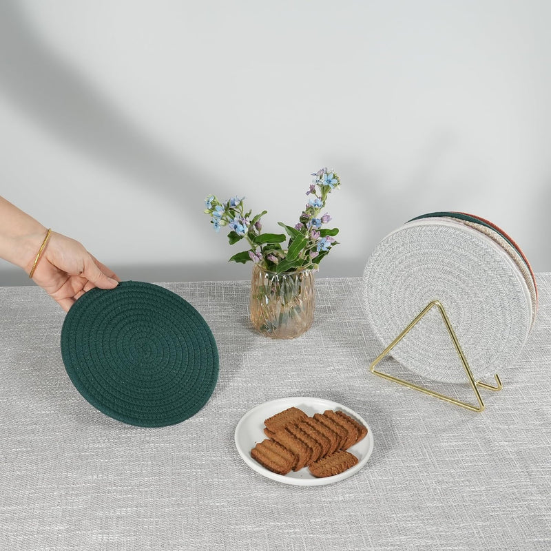 Trivets Set Pot Holders Set Coasters for Countertops Hot Mats Hot Pads 8 Inch Cotton Potholders for Kitchen Ideal for Hot Dishes, Pots, Pans, Teapots, Bowl and Plates 5 pcs Dark Green