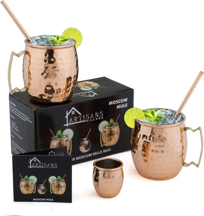 ARTISANS VILLAGE Moscow Mule Cups Set of 4-18/8 Stainless Steel with Pure Copper Plating- 16 Oz Handcrafted Food Safe Copper Cups with Shot Glass and Straws - Perfect for Cold Drinks