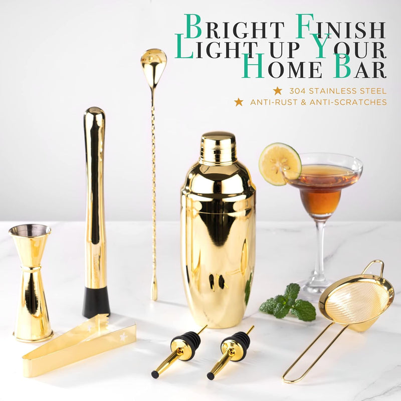 Homestia Cocktail Shaker Set Stainless Steel Gold Martini Shaker Set, 24oz Drink Shakers Cocktail Set Shakers Bartending Drink Mixer Kit, 8 Pcs Margarita Kit Cocktail Mixer Set Bar Kits for Bartender