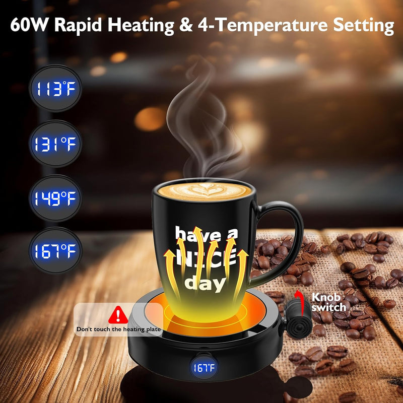 Coffee Mug Warmer with Mug Set, 60W Coffee Cup Warmer for Desk Home Office Use with 4-Temperature Settings, Auto On/Off Gravity-Induction, 14Oz Mug, Great Coffee Gift on Christmas/Birthday