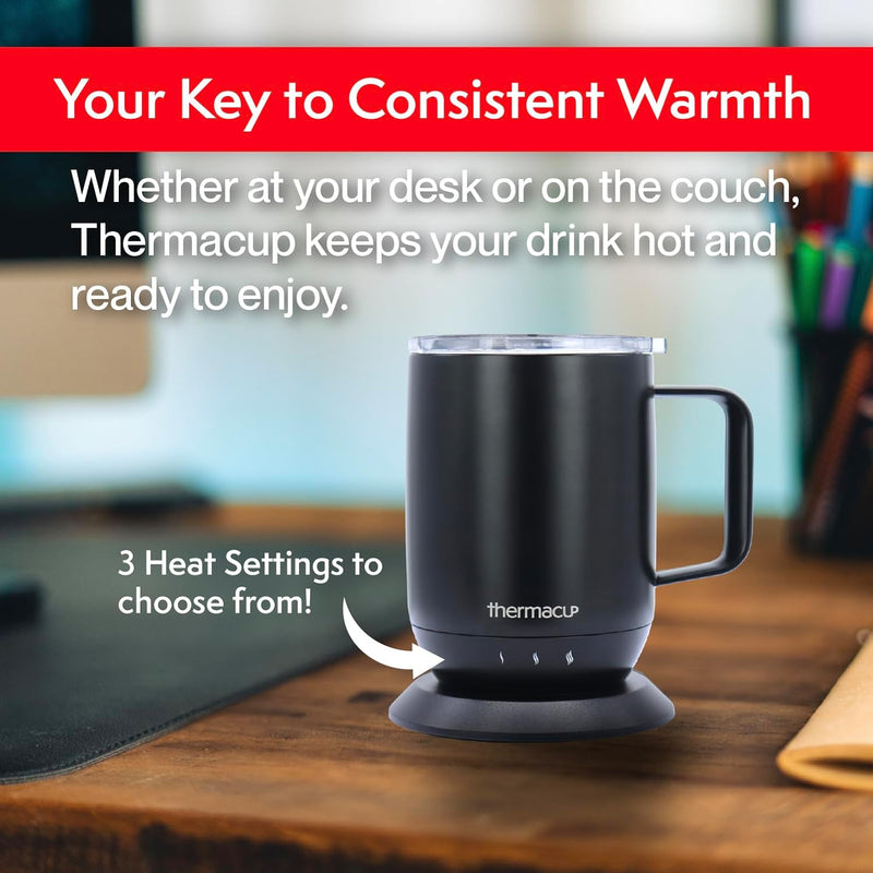 Thermacup Premium Self-Heating Coffee Mug with Lid, Temperature Controlled Led Electric Mug, 3 Custom Heat Settings, Auto Shut Off Feature, Keeps Liquids Warm, Sip Smarter (Midnight Black – 14 oz.)