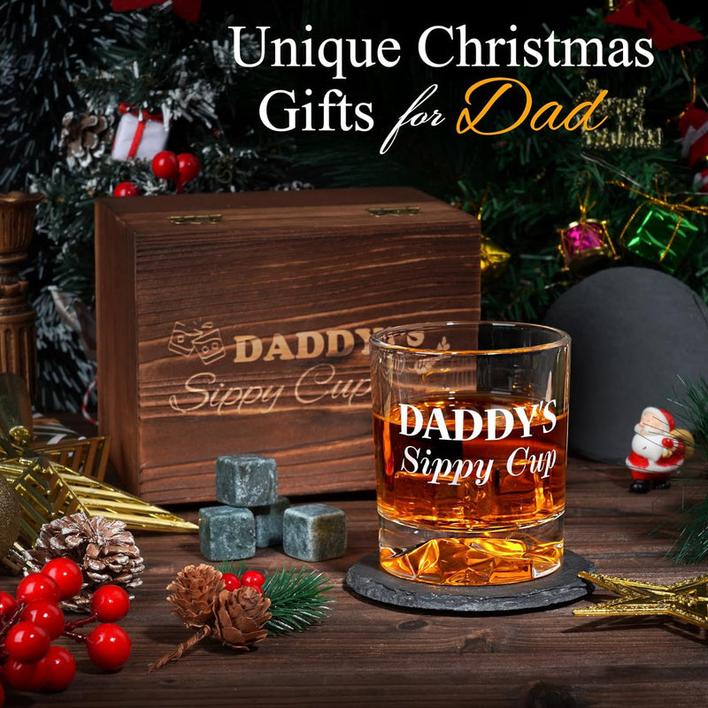 Gifts for Dad Christmas, Daddy Sippy Cup Whiskey Glass Gifts Set with 4 Whiskey Stones & Wooden Box, Funny Gag Christmas Gifts for New Dad Him Husband, Dad Birthday Gift, Christmas Stocking Stuffers