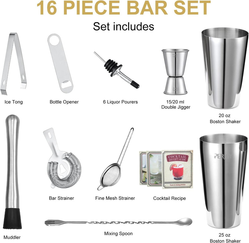 Perjoy Cocktail Shaker Set, 16 Piece Bartender Kit, Cocktail Shaker, Stainless Steel Bar Set Accessories, Coktail Set, Boston Shaker, Drink Mixer Shaker, Bartending Bar Tools with Muddler Spoon Jigger