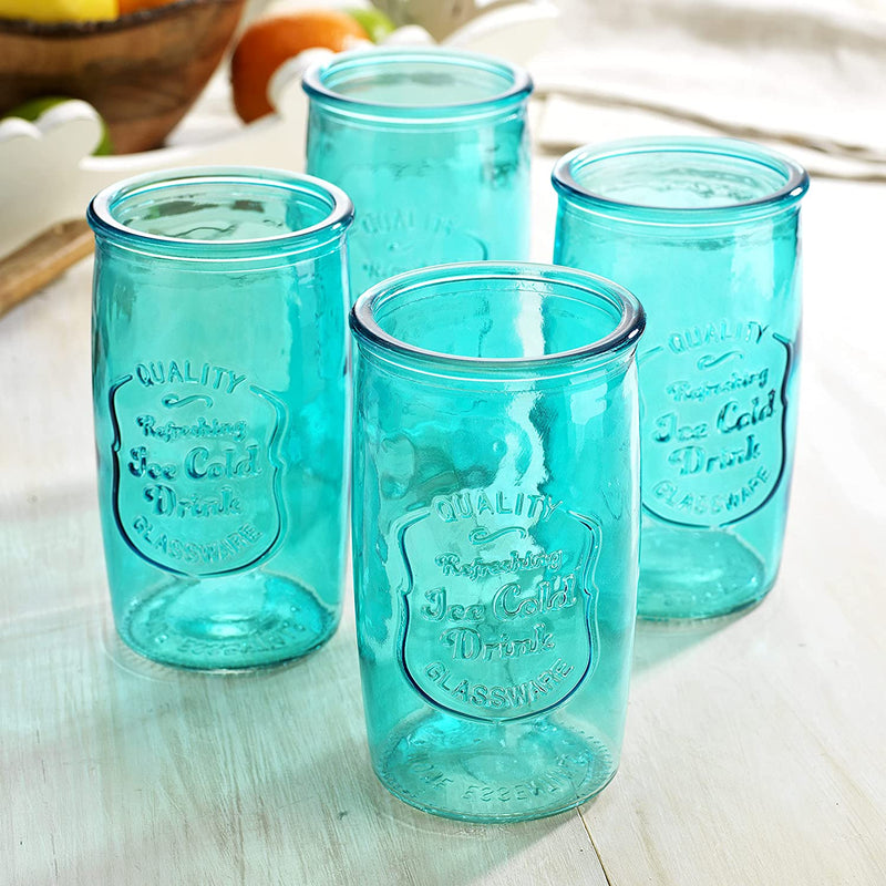 Glaver's Highball Glasses Set of 4 – 20oz Artistic Ice-Cold Pretty Blue – Vintage Glassware with Embossed Logo – Beverage Drinking Glasses for Water, Juice, Cocktails.