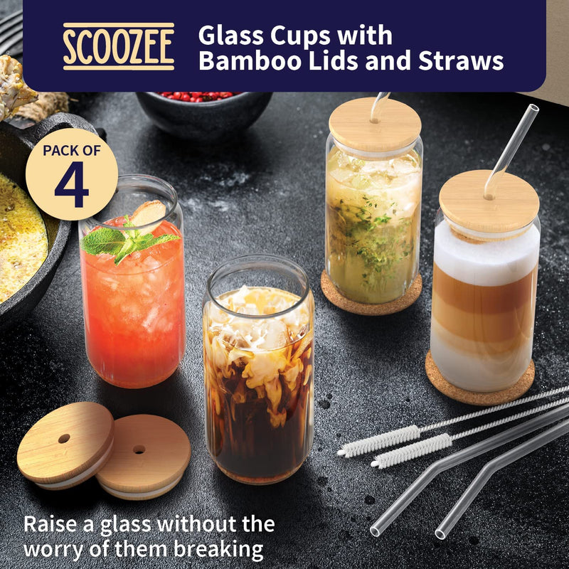 Scoozee Glass Cups with Bamboo Lids and Straws (18oz, Set of 4) Iced Coffee Cup for Ice Coffee Bar Accessories | Aesthetic Cute Drinking Glasses for Home Essentials Housewarming Gift