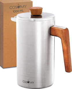 French Press Coffee Maker 34 oz - Made of Stainless Steel & Sustainable Oak Wood - Double-Walled Insulated - 2 Additional Filters - For 5 Cups