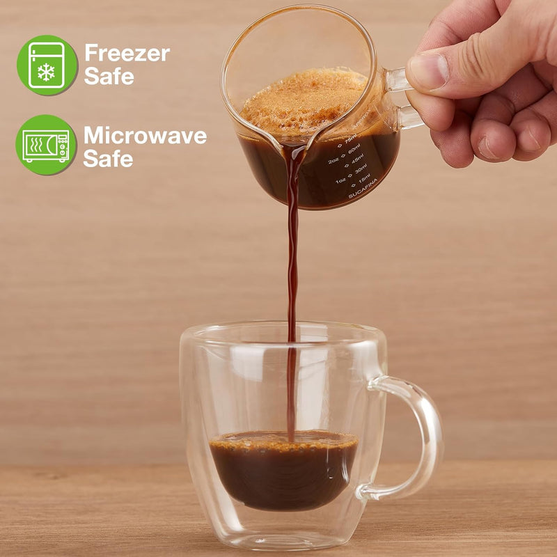 Mfacoy 2 Pack Espresso Glass Measuring Cup, 75ML Espresso Cups with Handle, Espresso Shot Glass with V-Shaped Mouth, Clear Glass Espresso Accessories, Milk Frothing Pitcher