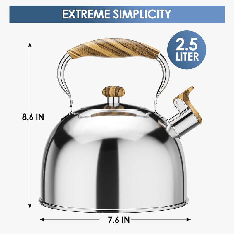 Chefbar Tea Kettle Stovetop, Whistling Tea Kettles for Stove Top, Teakettle Tea Pots for Stovetop, Food Grade Stainless Steel Teapot Kettle with Wood Pattern Handle for Home Kitchen, 2.5 Liter Silver