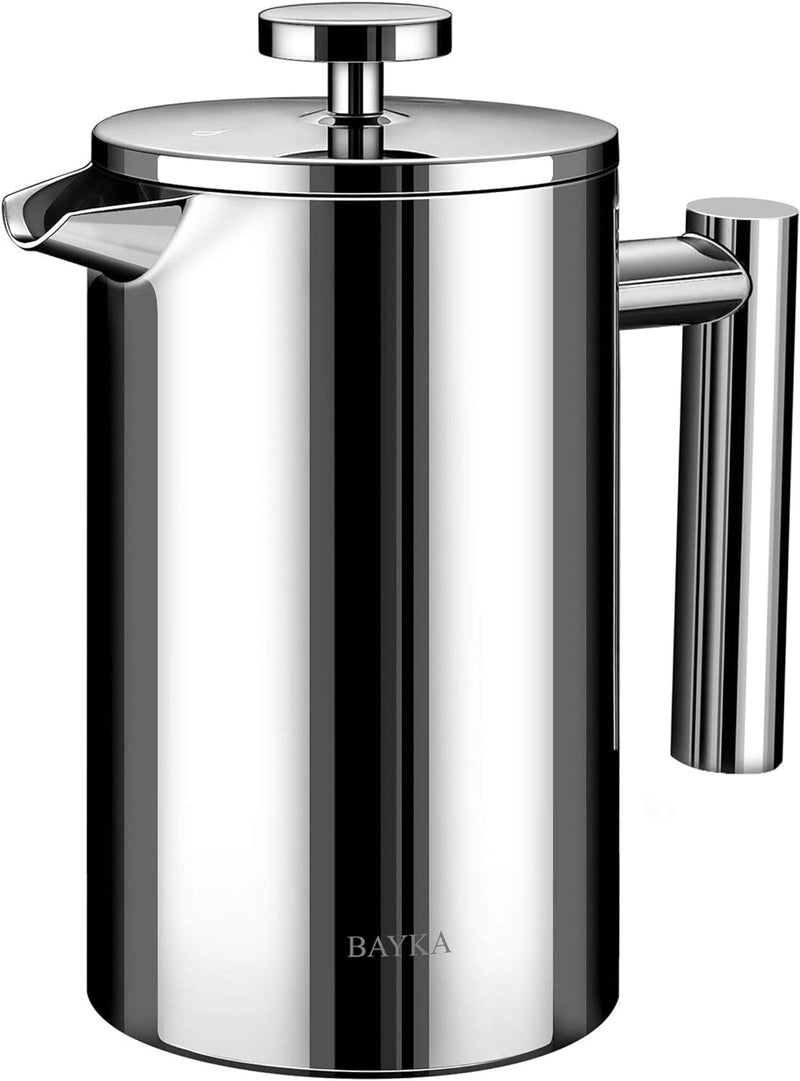 BAYKA French Press Coffee Maker, Stainless Steel 21oz Double-Wall Metal Insulated Coffee Tea Makers with 4 Level Filtration System, Rust-Free, Dishwasher Safe