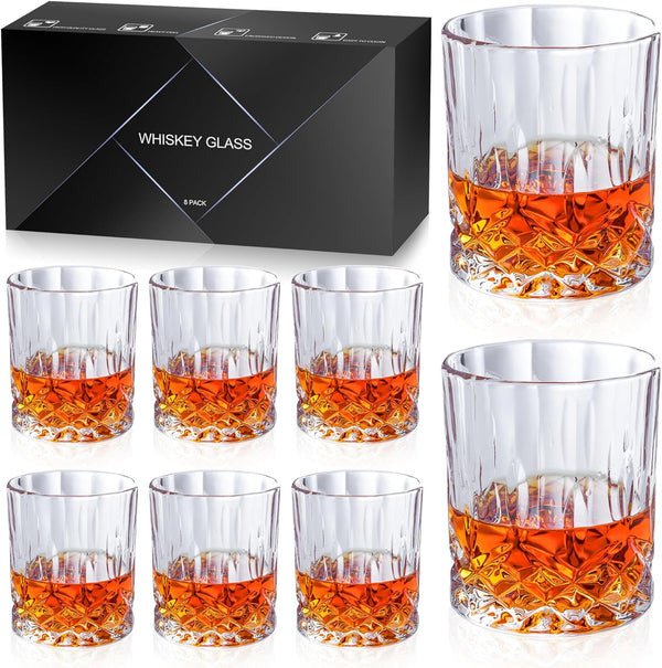 QUMMFA Whiskey Glasses, Set of 8 Cocktail Glasses In Gift Box, 11 OZ Old Fashioned Glasses for Drinking Scotch Bourbon Cognac Vodka Rum Liquor, Rocks Glasses, Crystal Scotch Glasses, Gifts for Men