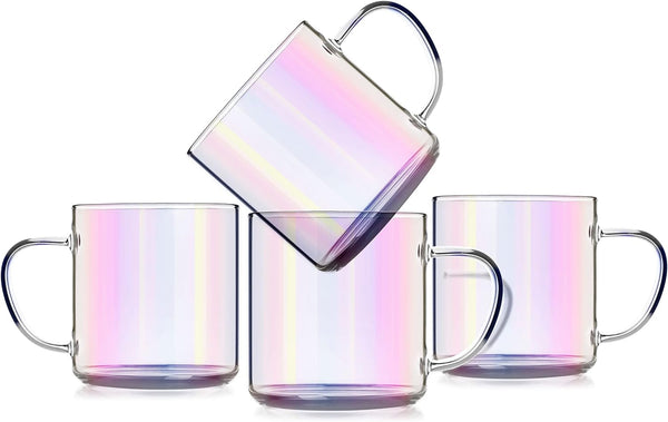 4pcs Set Iridescent Glass Coffee Mugs-Hand Blown&Seamless Design,14 oz Rainbow Coffee Cups-Heat Resistant and Explosion-Proof,Lightweight Tea Cup with Anti Scald Handle Ideal for Home,Cafe,Coffee Bar