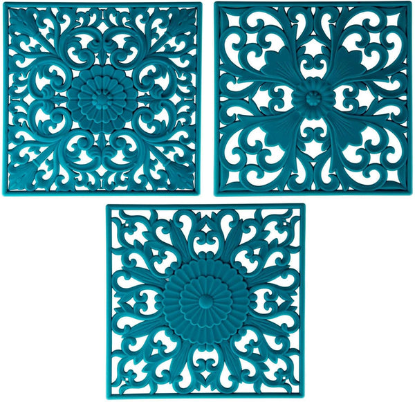 Viwehots Silicone Trivets Mats for Hot Pots and Pans, Square Microwave Non Slip Mat for Table or Counter, Multi-Use Carved Hot Pads and Mats, Heat Resistant Big Teapot Coaster Set of 3 Teal