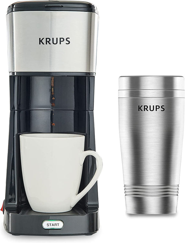 Krups Simply Brew Stainless Steel Single Serve Drip Coffee Maker amd Travel Tumbler 12 Ounce Stainless Steel Tumbler Included 650 Watts Coffee Filter, Compact Silver and Black