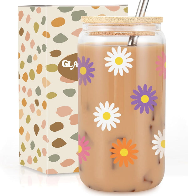 GSPY Daisy Aesthetic Cups, Iced Coffee Cup, Cute Glass Cups with Lids and Straws - Iced Coffee Glasses, Flower Mug Glass Cup, Glass Tumbler - Birthday, Christmas Gifts for Women, Coffee Lovers