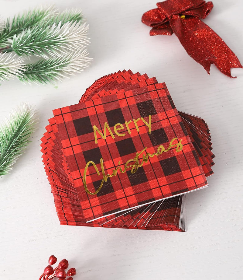 Buffalo Plaid Christmas Napkins Paper - 50 PK - Gold 3-ply Christmas Cocktail Napkins 5x5 Inches Party Napkins Disposable Beverage Napkins for Christimas Decorations Christmas Table Décor