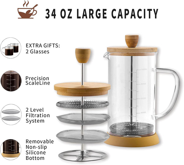 wedrink French Press Coffee Maker 34 oz, Double Filters Bamboo French Press, Thicken Heat-Resistant Borosilicate Glass Press Coffee Maker with 2 Glasses Cup