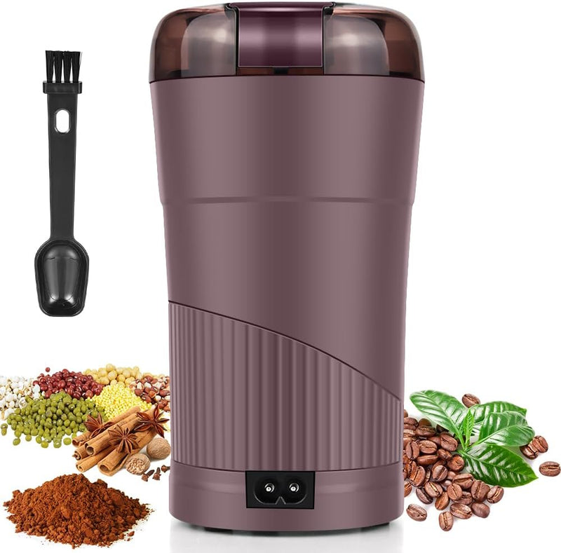 Finphoon Coffee Grinder Electric, Spice Grinder, Coffee Bean Herb Grinder with Integrated Brush Spoon, One-touch Push-Button Stainless Steel Grinding for Herb Peanut Grains Beans(Blue)