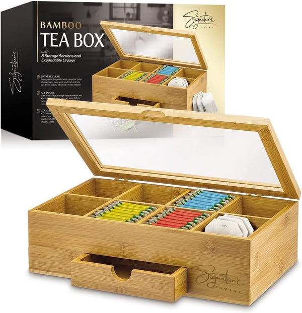 Signature Living Bamboo Wooden Tea Box Storage Organizer with Drawer (8 Compartments) Large Tea Organizer Box for Tea Bags and Loose Tea - Sturdy, Natural Bamboo