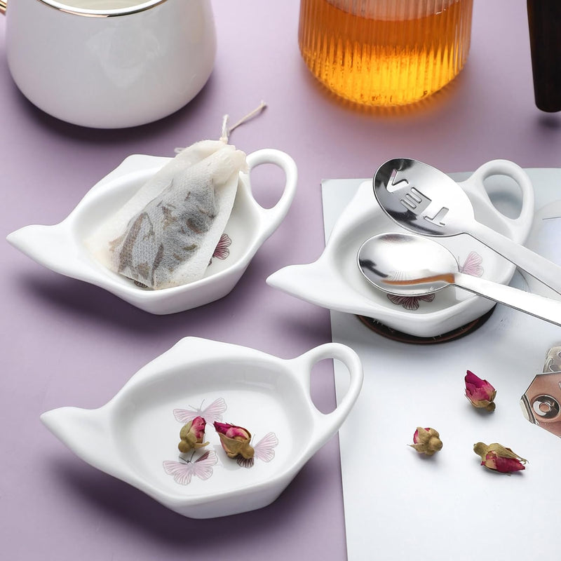 Tea Bag Coaster Set of 6 White Ceramic Tea Bag Holder for Used Tea Bag and Stainless Steel Tea Bag Squeezer (style1)