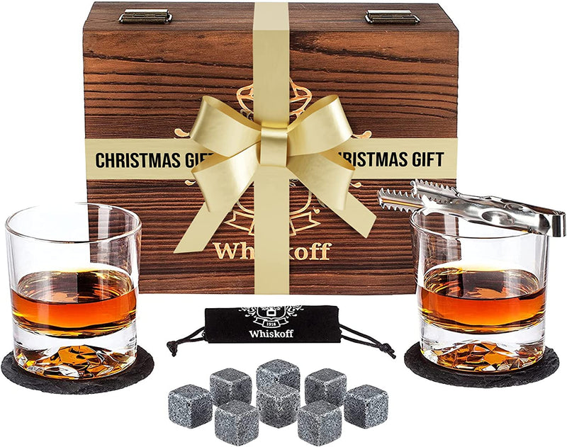 Whiskey Glass Set of 2 - Bourbon Stones Gift For Men Includes Crystal Whisky Rocks Glasses , Chilling Stones , Slate Coasters Scotch Glasses in Wooden Box Wisky Burbon Retirement Gifts