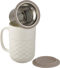 casaWare 15-Ounce Weave Textured New Bone China White Tea Infuser Mug with Lid/Coaster (Gray Lid)