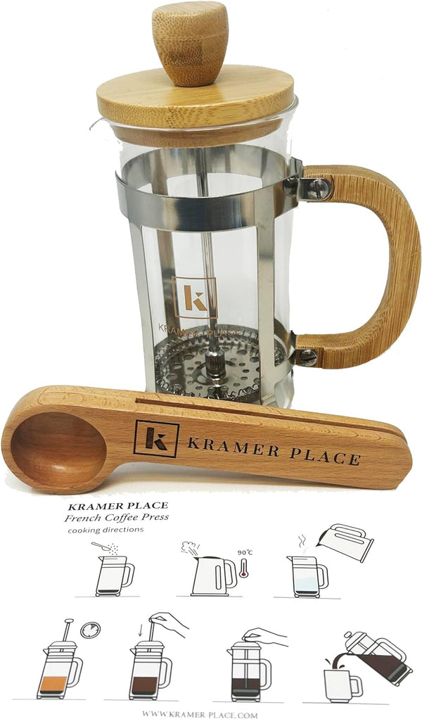 KRAMER PLACE Single Serve French Press Coffee/Tea Maker Carafe - 12 OZ, Bamboo Handle, Plastic Free Stainless Steel Filter, Eco-Friendly, Wooden TBSP Scoop/Bag Clip
