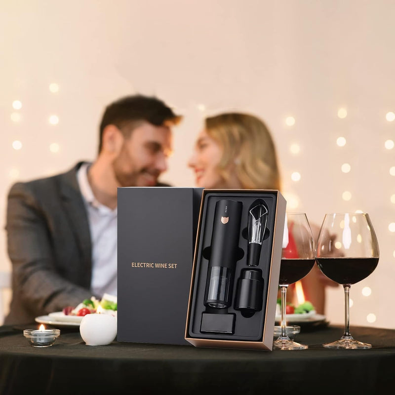 Electric Wine Opener-Wine Gifts-Automatic Wine Opener Rechargeable-Cordless Electric Corkscrew-Wine Bottle Opener with Foil Cutter, 2 in 1 Aerator Pourer, Vacuum Stopper, Gift Box