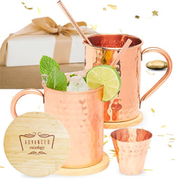 Advanced Mixology [Gift Set] Moscow Mule Mugs Set of 2 (16oz) | 100% Copper Mugs Set w/ 2 Straws, 2 Wooden Coasters & 1 Shot Glass | Tarnish-Resistant Food Grade Lacquer Coat